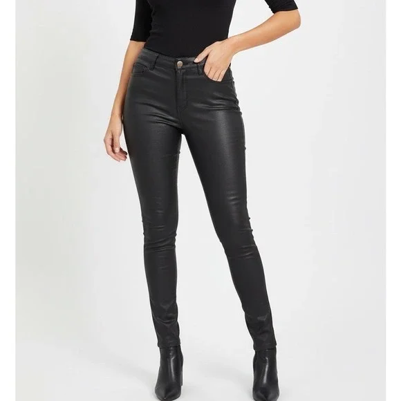 Black Coated Faux Leather High Rise Skinny Pants Double Button Stretch L - Picture 1 of 12